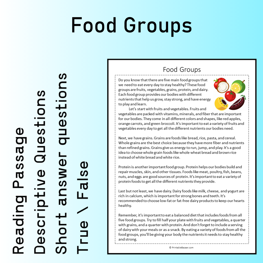 Food Groups | Reading Comprehension Passage Printable Worksheet