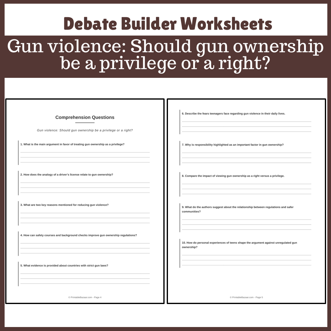 Gun violence: Should gun ownership be a privilege or a right? | Favour and Against Worksheet Printable Activity
