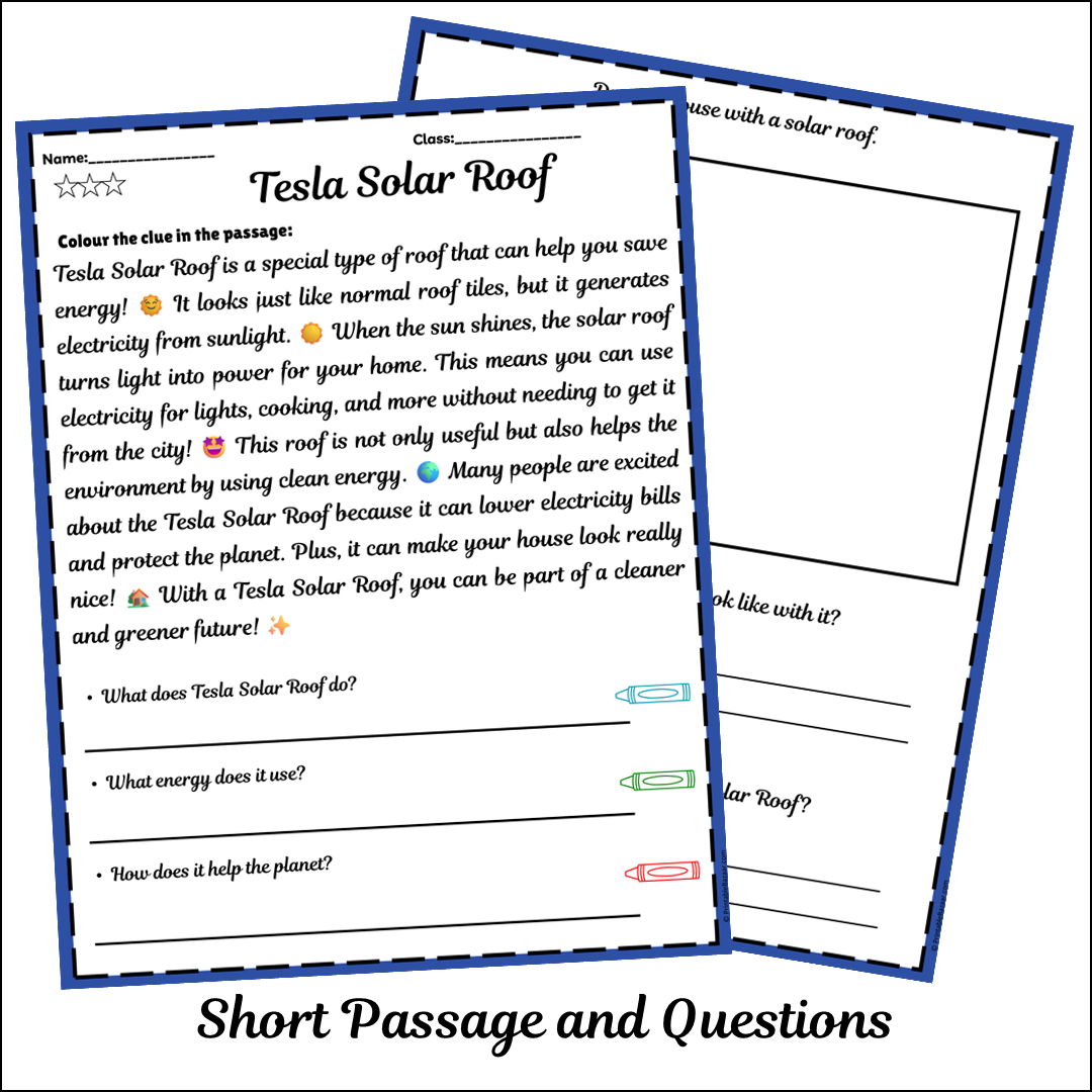 Tesla Solar Roof | Short Reading Comprehension Creative Worksheet