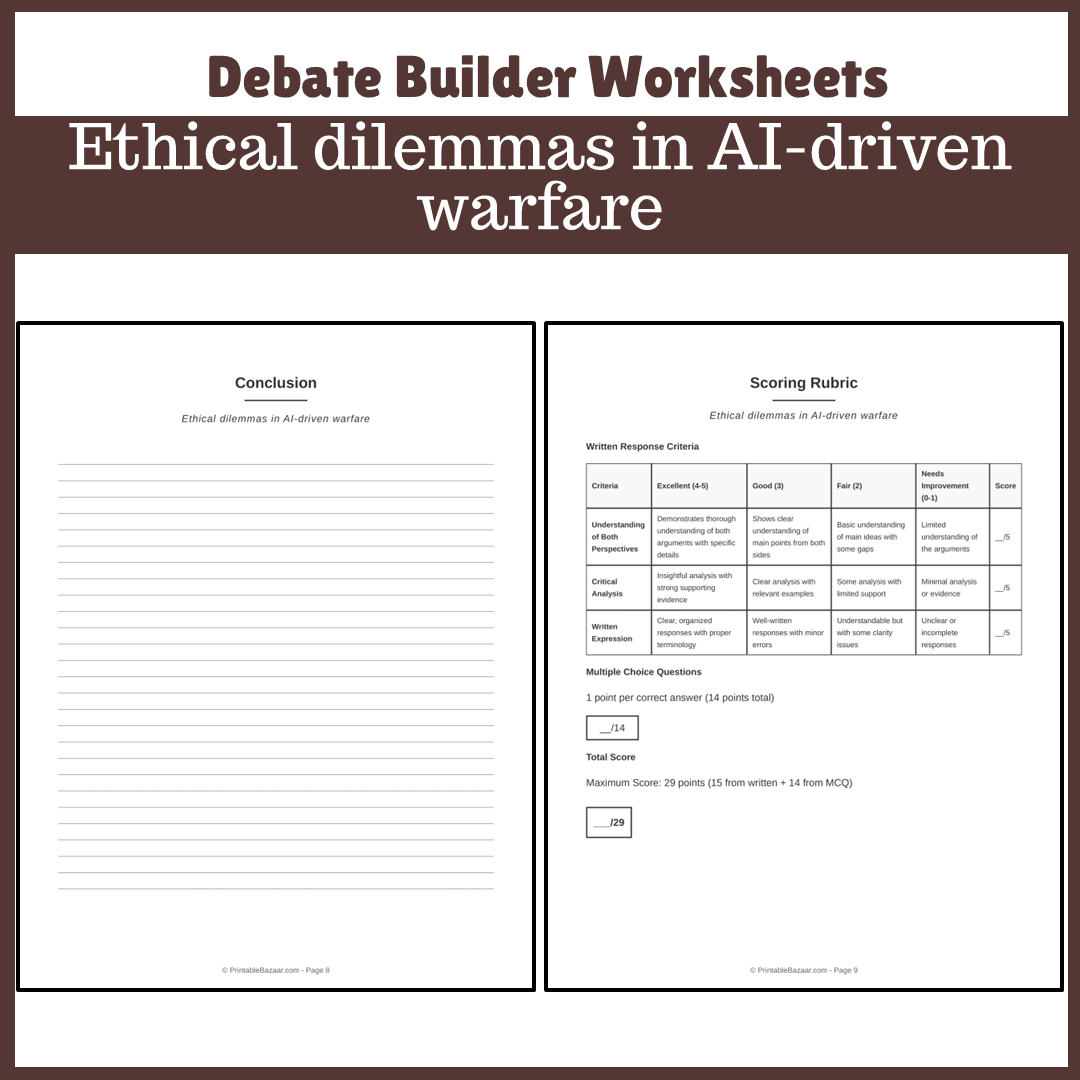 Ethical dilemmas in AI-driven warfare | Favour and Against Worksheet Printable Activity
