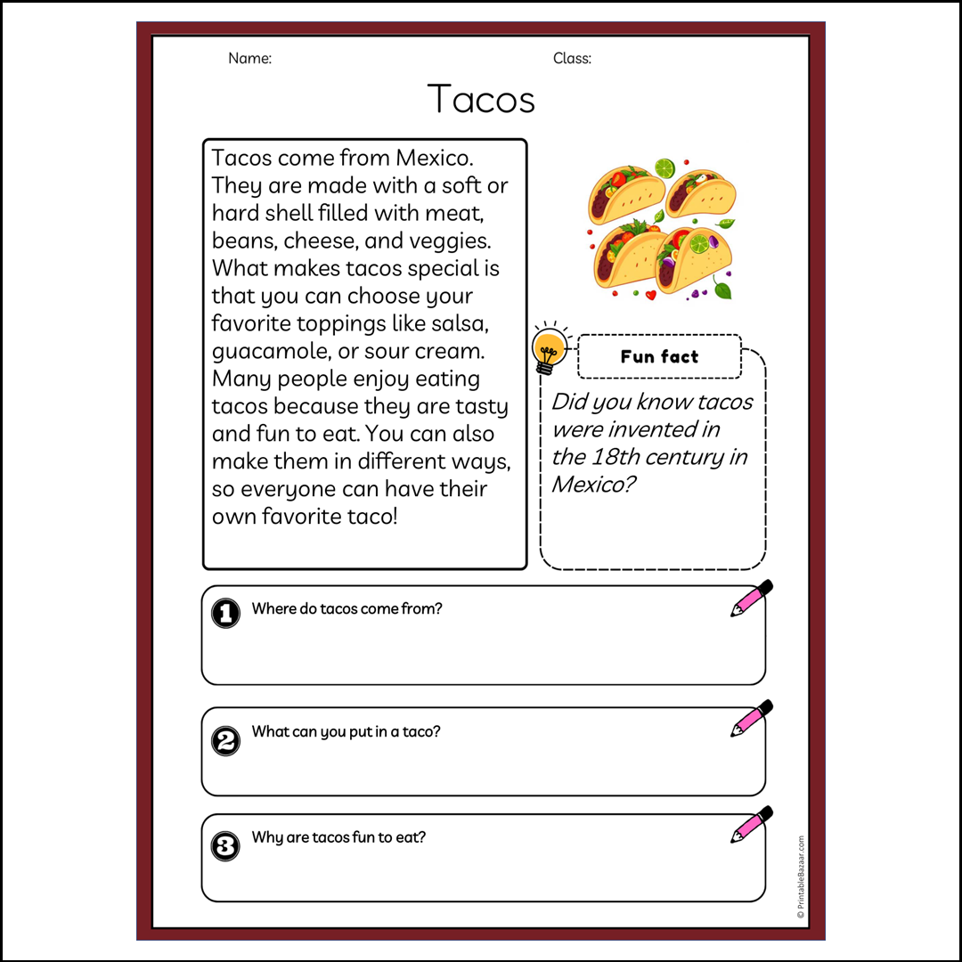 Tacos | Reading Passage Comprehension Questions Writing Facts Worksheet