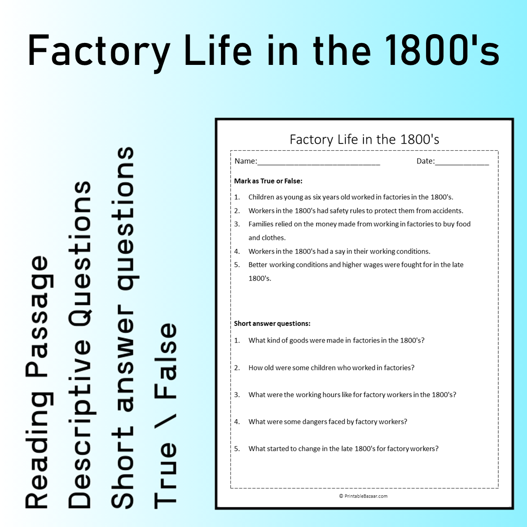 Factory Life in the 1800's | Reading Comprehension Passage Printable Worksheet