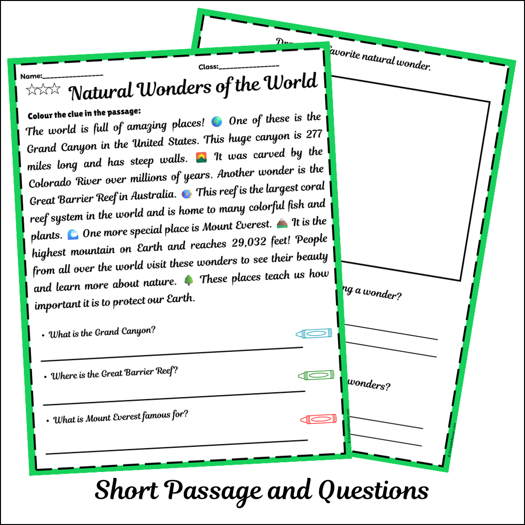 Natural Wonders of the World | Short Reading Comprehension Creative Worksheet