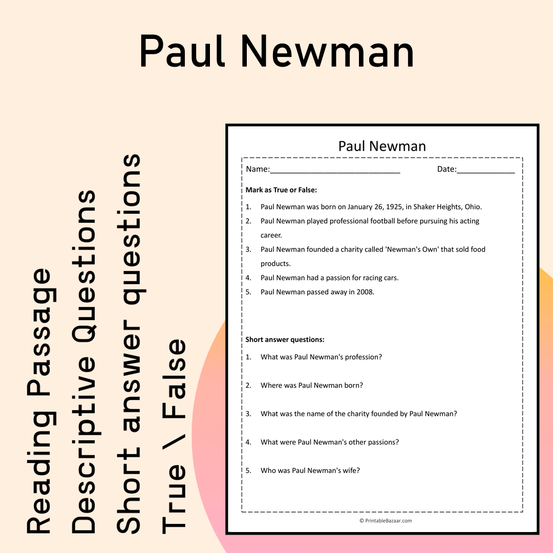 Paul Newman | Reading Comprehension Passage Printable Activity
