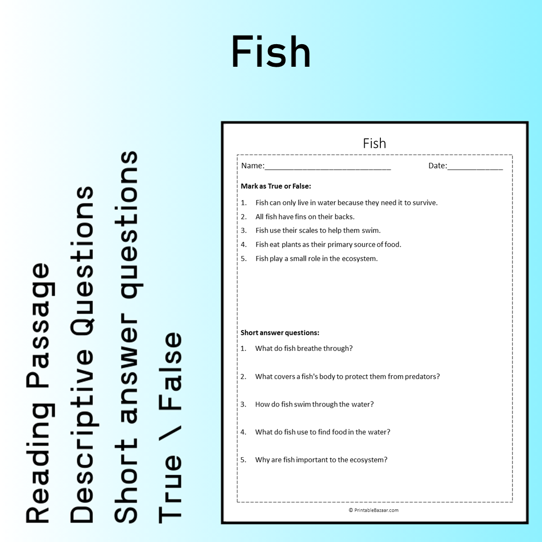 Fish | Reading Comprehension Passage Printable Worksheet