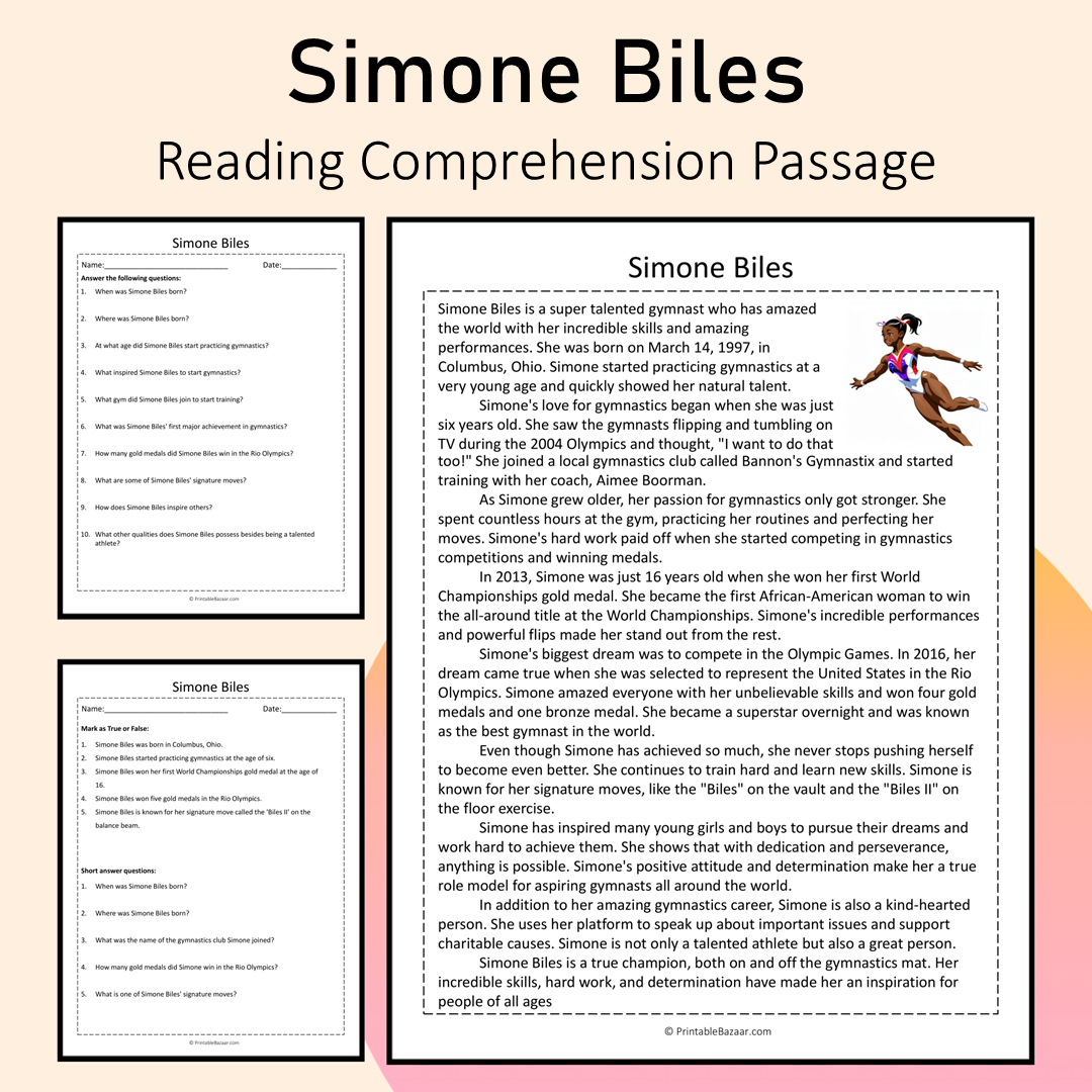 Simone Biles | Reading Comprehension Passage Printable Activity