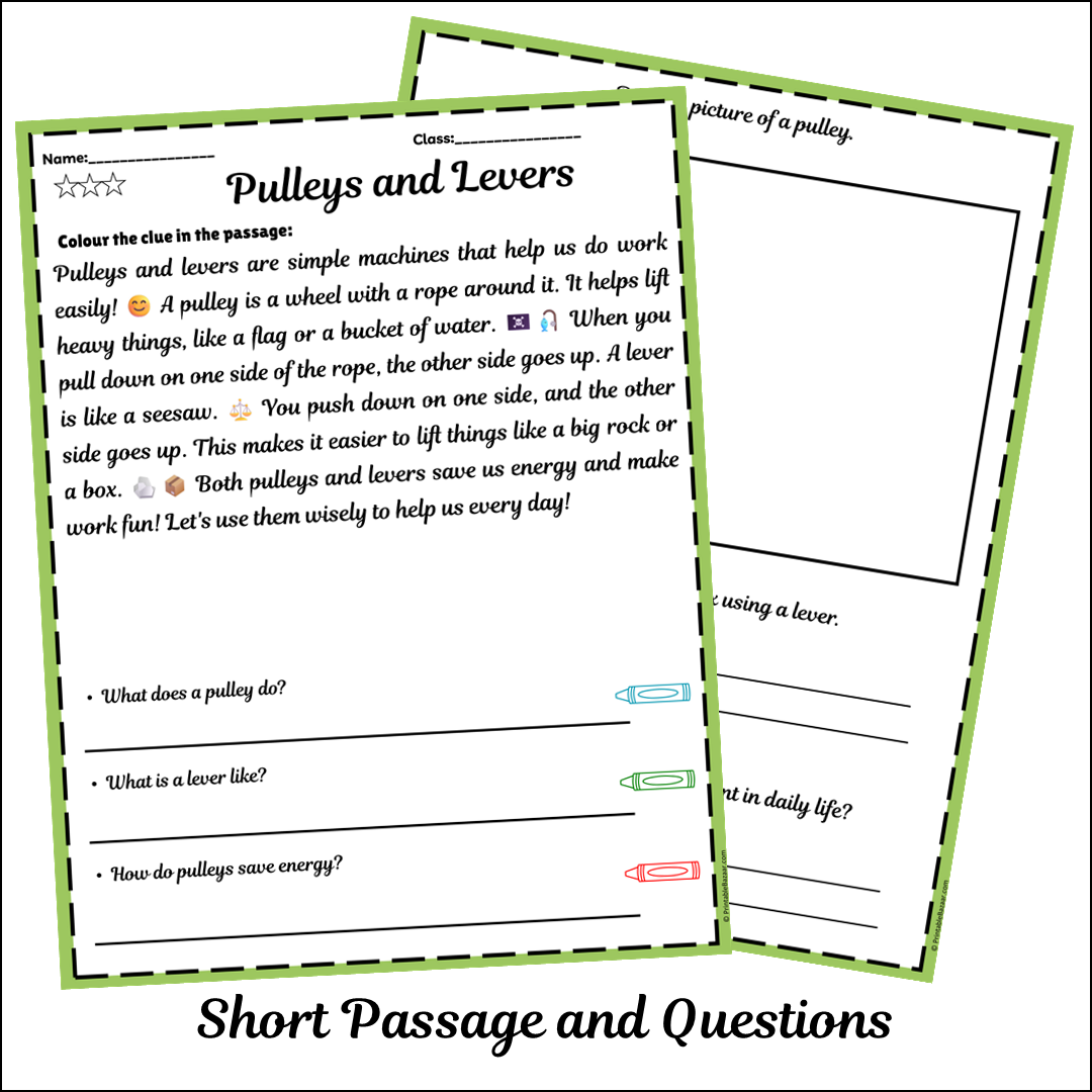 Pulleys and Levers | Short Reading Comprehension Creative Worksheet