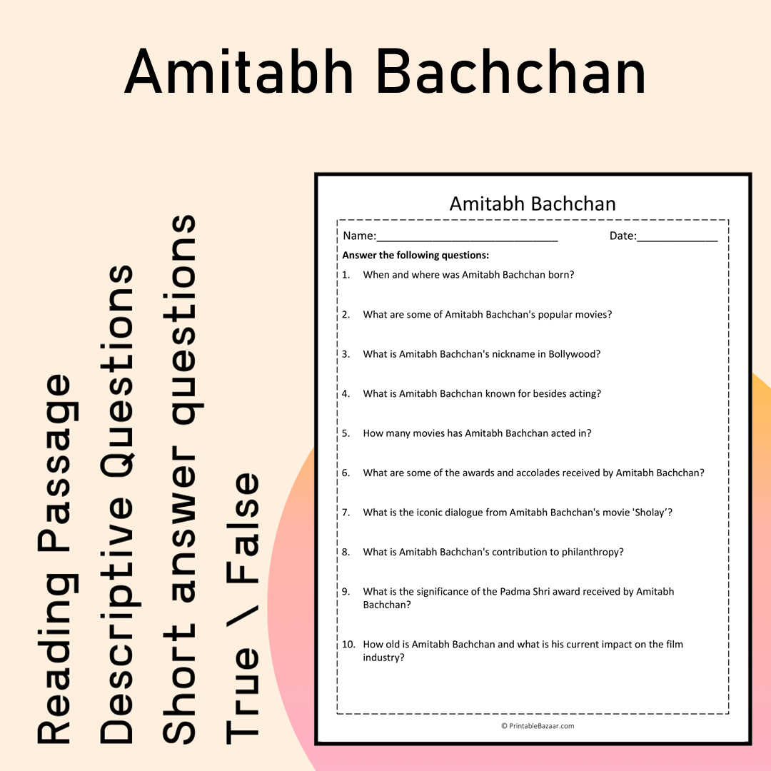 Amitabh Bachchan | Reading Comprehension Passage Printable Activity