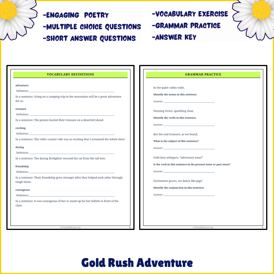 Gold Rush Adventure | Poem Grammar Worksheet Printable Activity