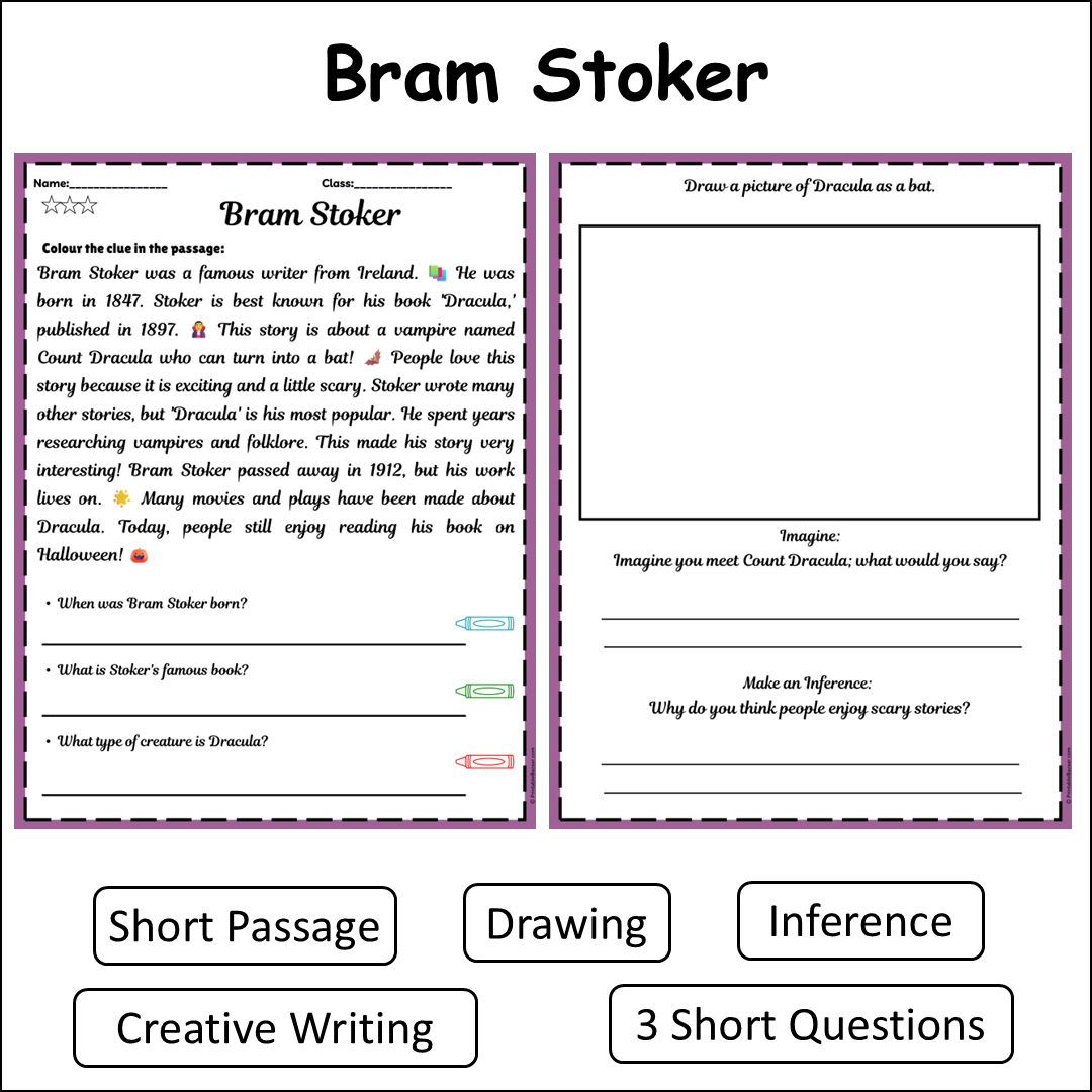 Bram Stoker | Short Reading Comprehension Creative Worksheet