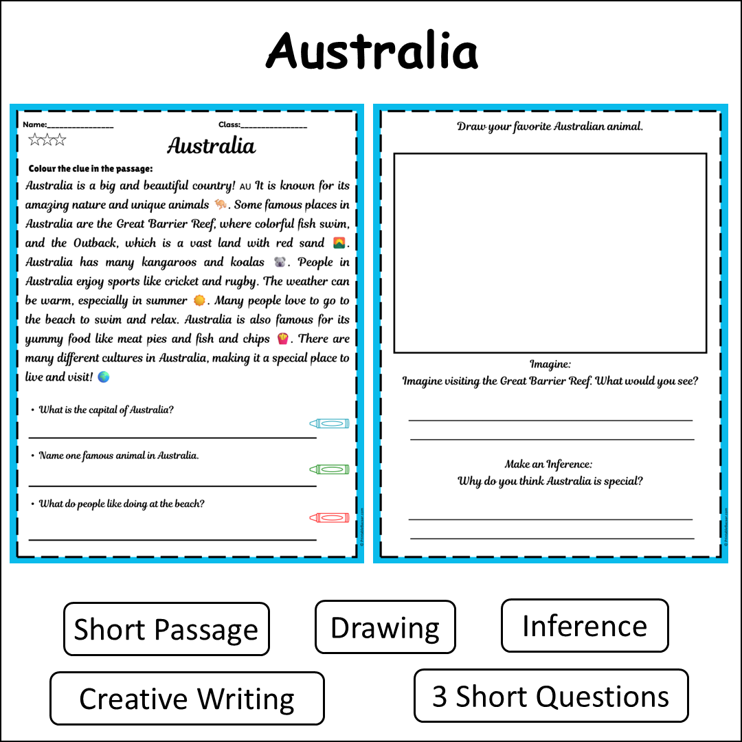 Australia | Short Reading Comprehension Creative Worksheet