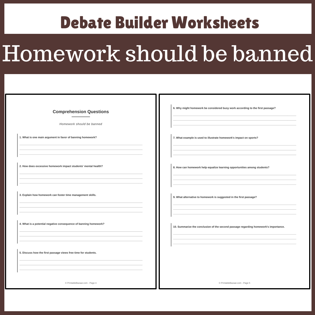 Homework should be banned | Favour and Against Worksheet Printable Activity