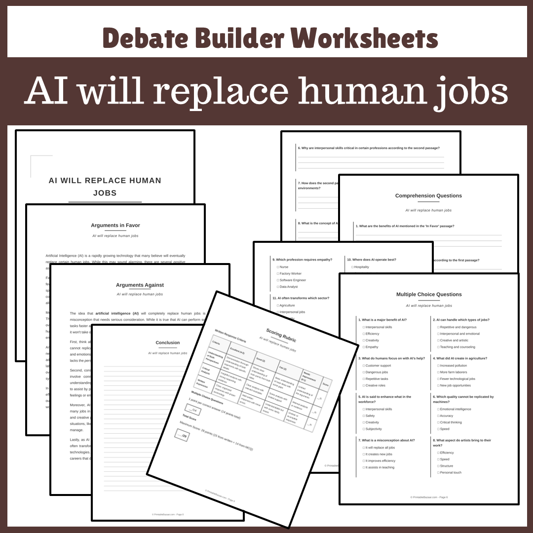 AI will replace human jobs | Favour and Against Worksheet Printable Activity