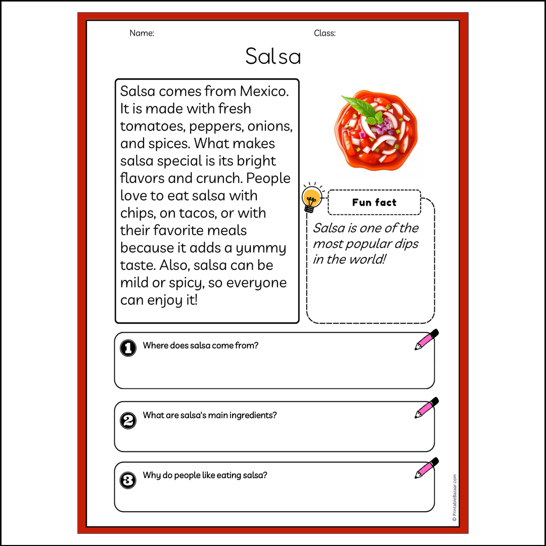 Salsa | Reading Passage Comprehension Questions Writing Facts Worksheet
