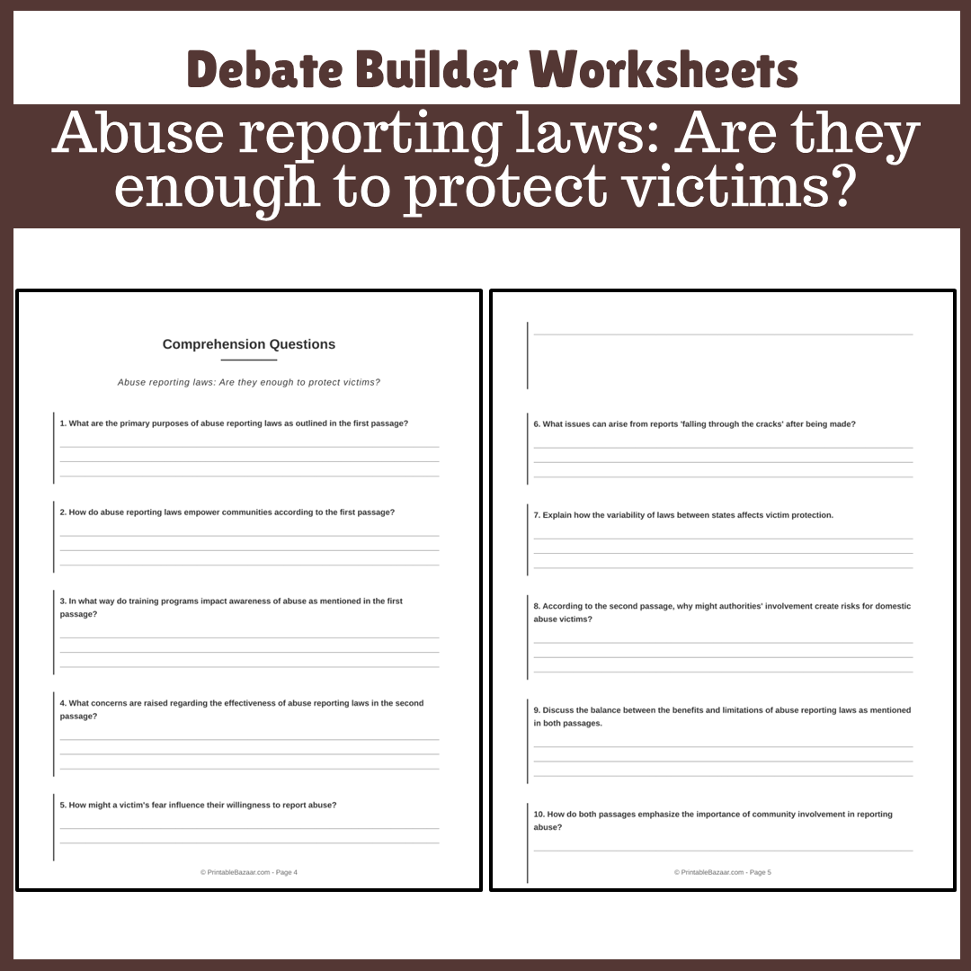 Abuse reporting laws: Are they enough to protect victims? | Favour and Against Worksheet Printable Activity