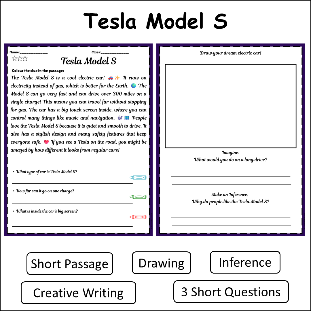 Tesla Model S | Short Reading Comprehension Creative Worksheet