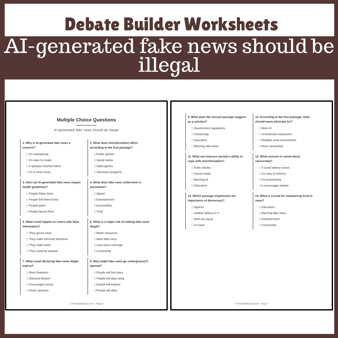 AI-generated fake news should be illegal | Favour and Against Worksheet Printable Activity