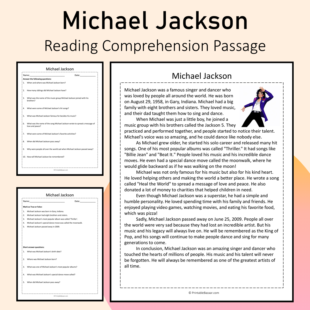 Michael Jackson | Reading Comprehension Passage Printable Activity