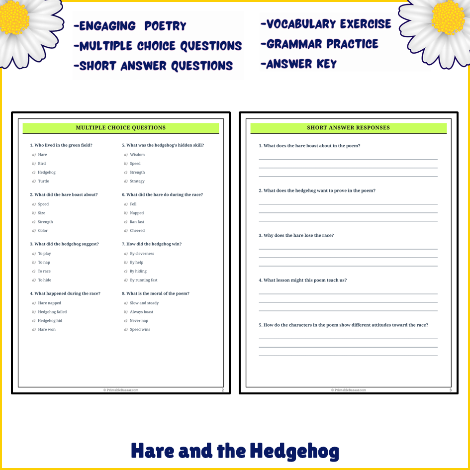 Hare and the Hedgehog | Poem Grammar Worksheet Printable Activity