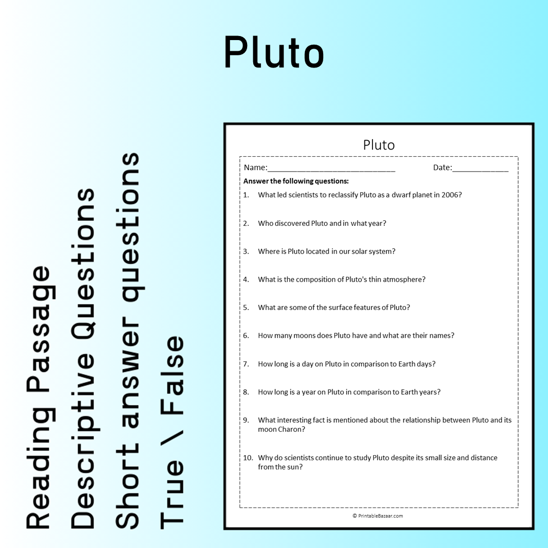 Pluto | Reading Comprehension Passage Printable Worksheet