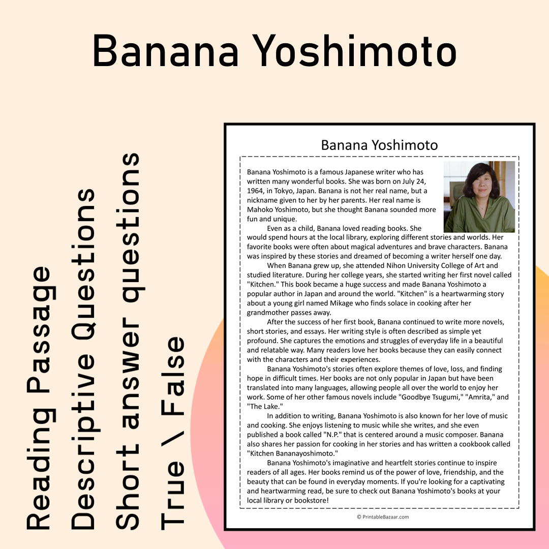 Banana Yoshimoto | Reading Comprehension Passage Printable Activity