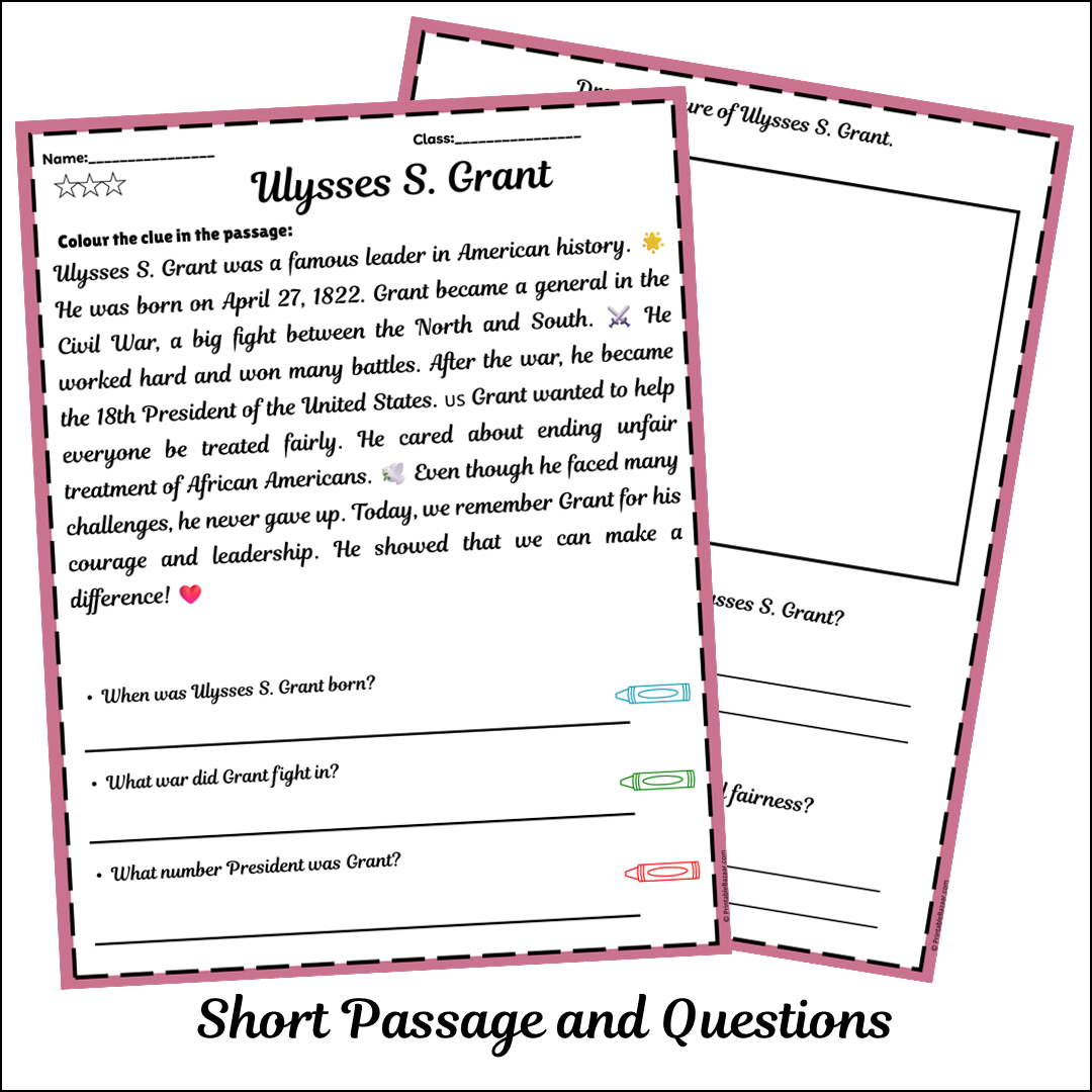 Ulysses S. Grant | Short Reading Comprehension Creative Worksheet