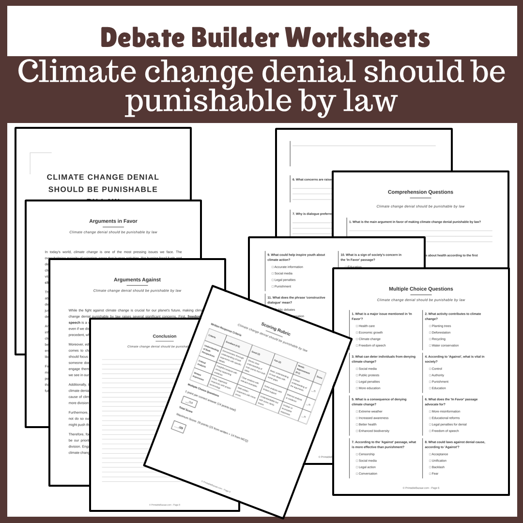 Climate change denial should be punishable by law | Favour and Against Worksheet Printable Activity
