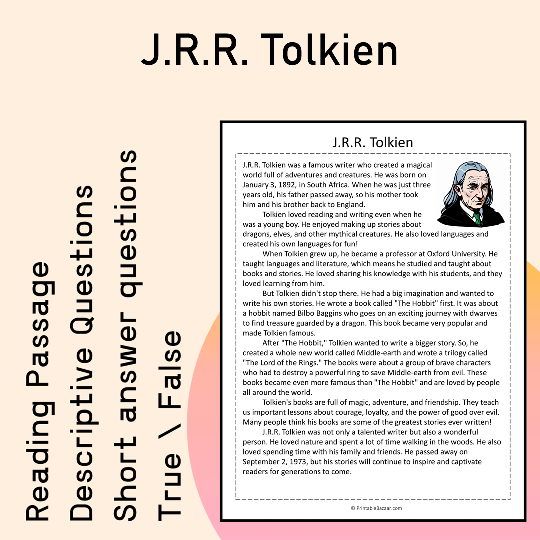J.R.R. Tolkien | Reading Comprehension Passage Printable Activity