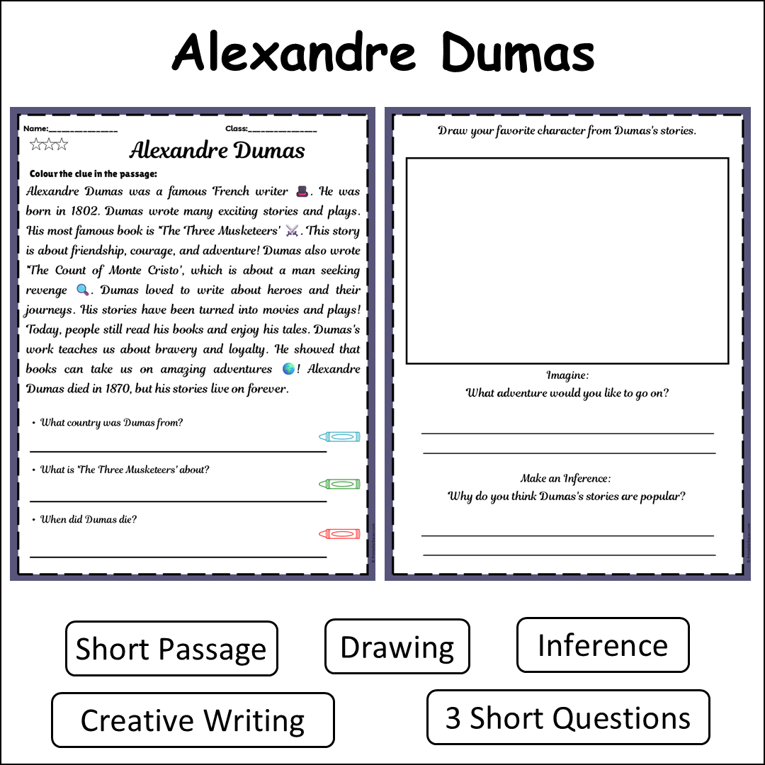 Alexandre Dumas | Short Reading Comprehension Creative Worksheet