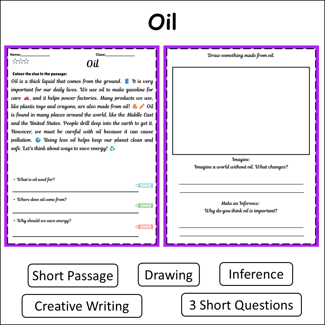 Oil | Short Reading Comprehension Creative Worksheet