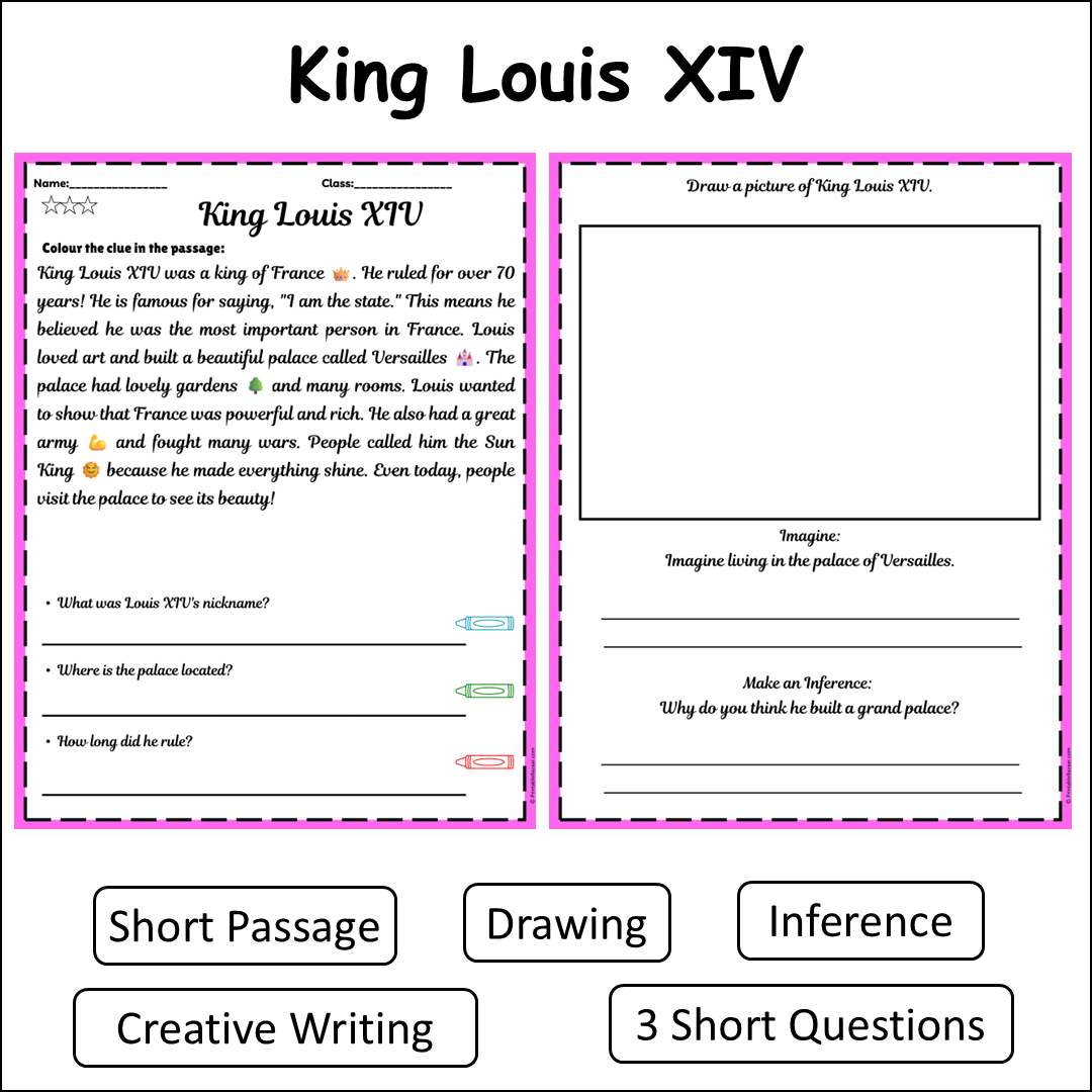 King Louis XIV | Short Reading Comprehension Creative Worksheet