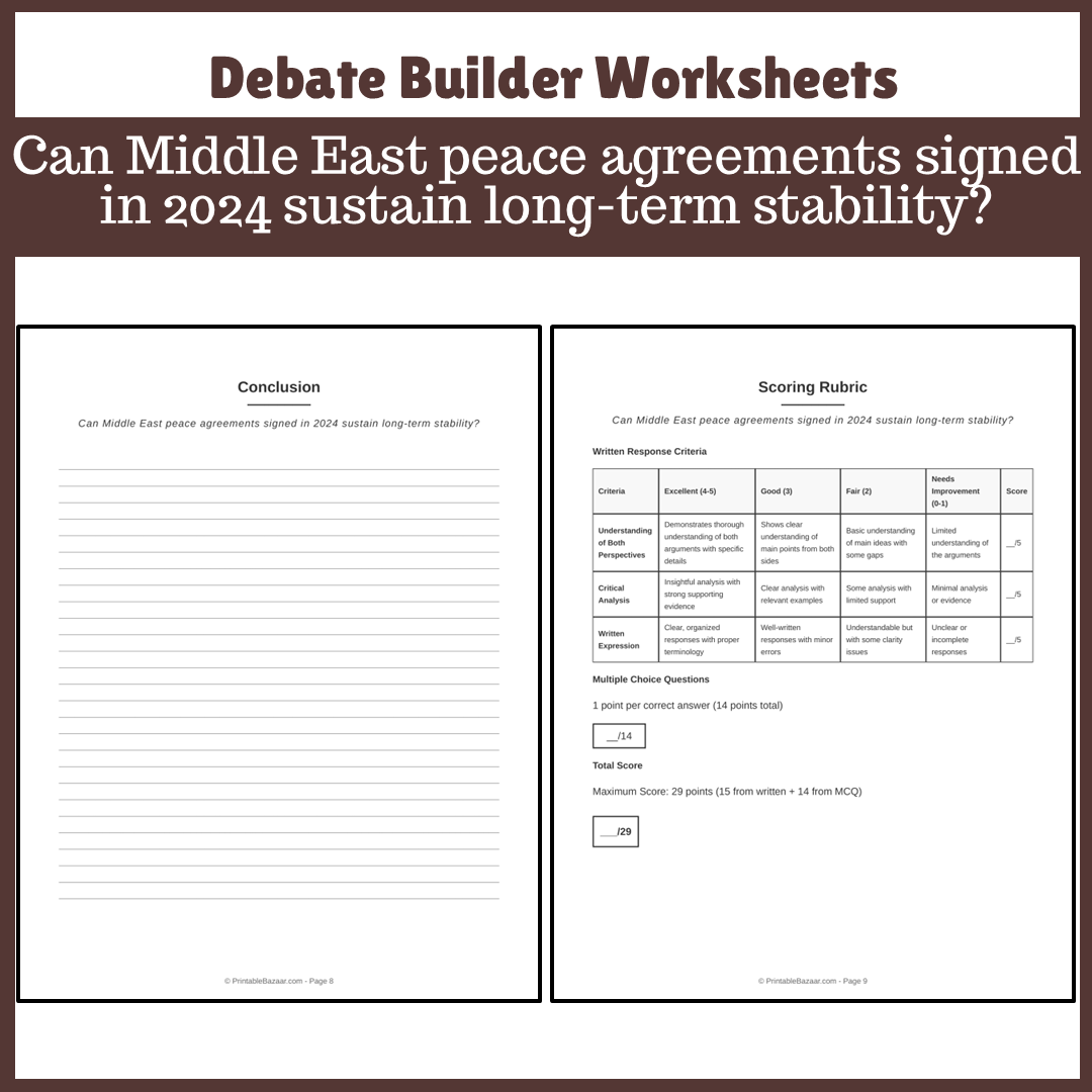 Can Middle East peace agreements signed in 2024 sustain long-term stability? | Favour and Against Worksheet Printable Activity