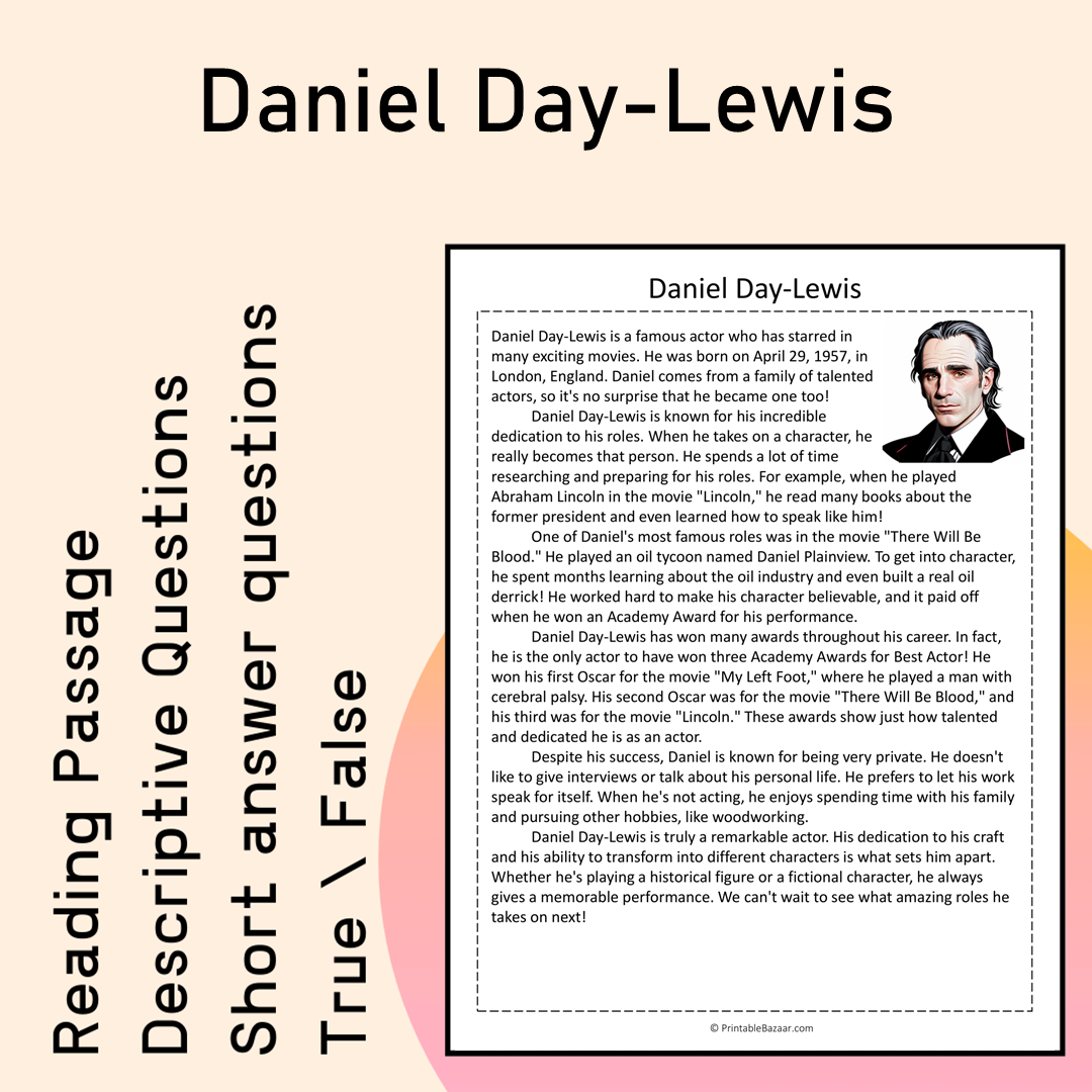 Daniel Day-Lewis | Reading Comprehension Passage Printable Activity