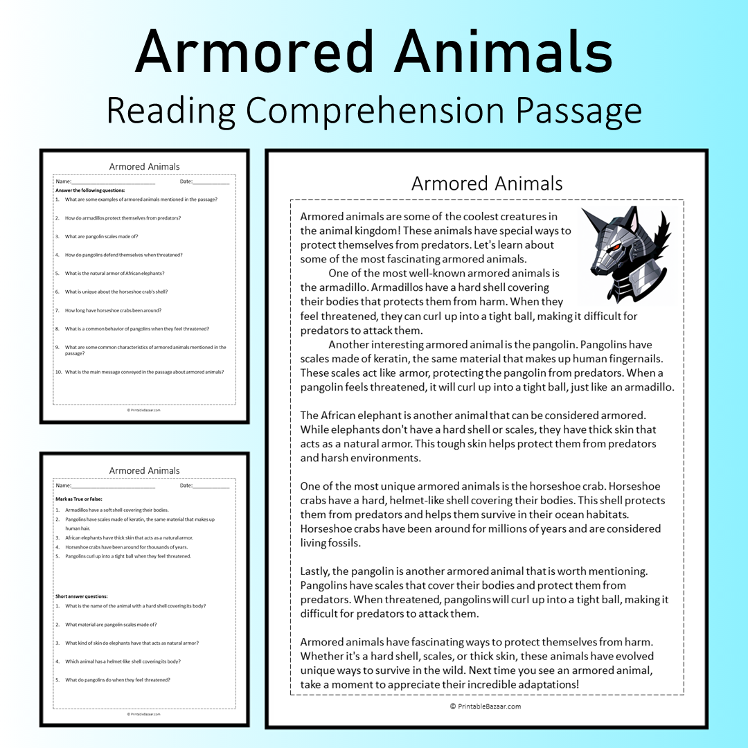 Armored Animals | Reading Comprehension Passage Printable Worksheet