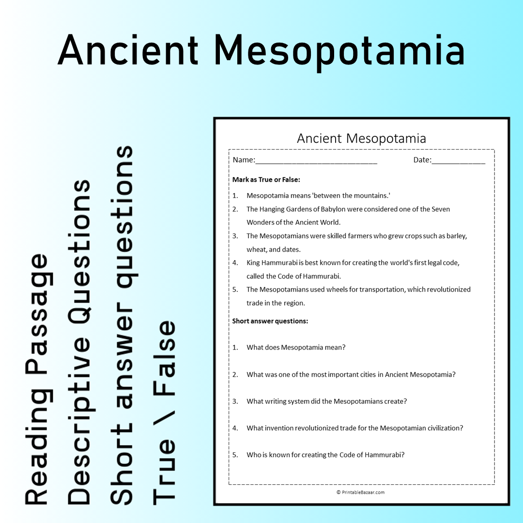 Ancient Mesopotamia | Reading Comprehension Passage Printable Worksheet