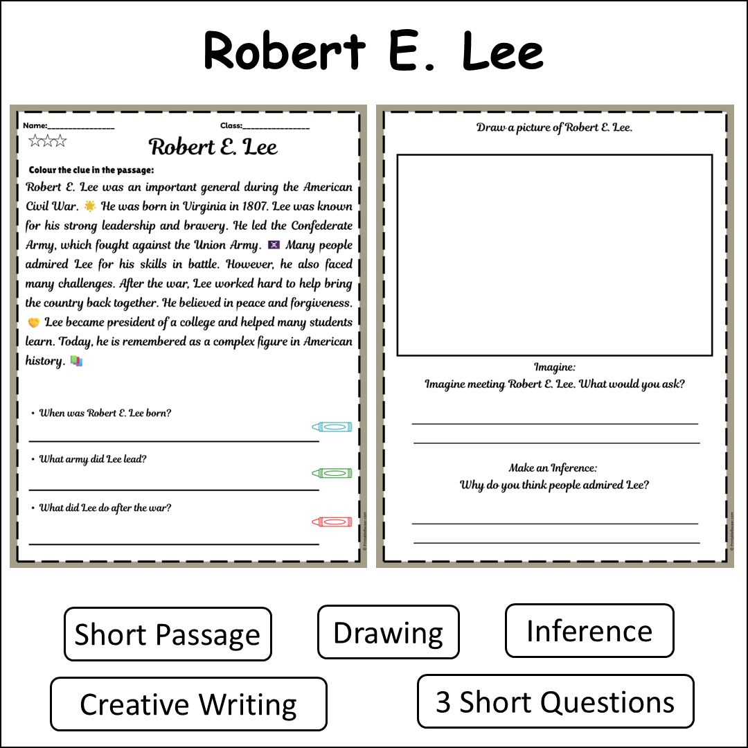 Robert E. Lee | Short Reading Comprehension Creative Worksheet
