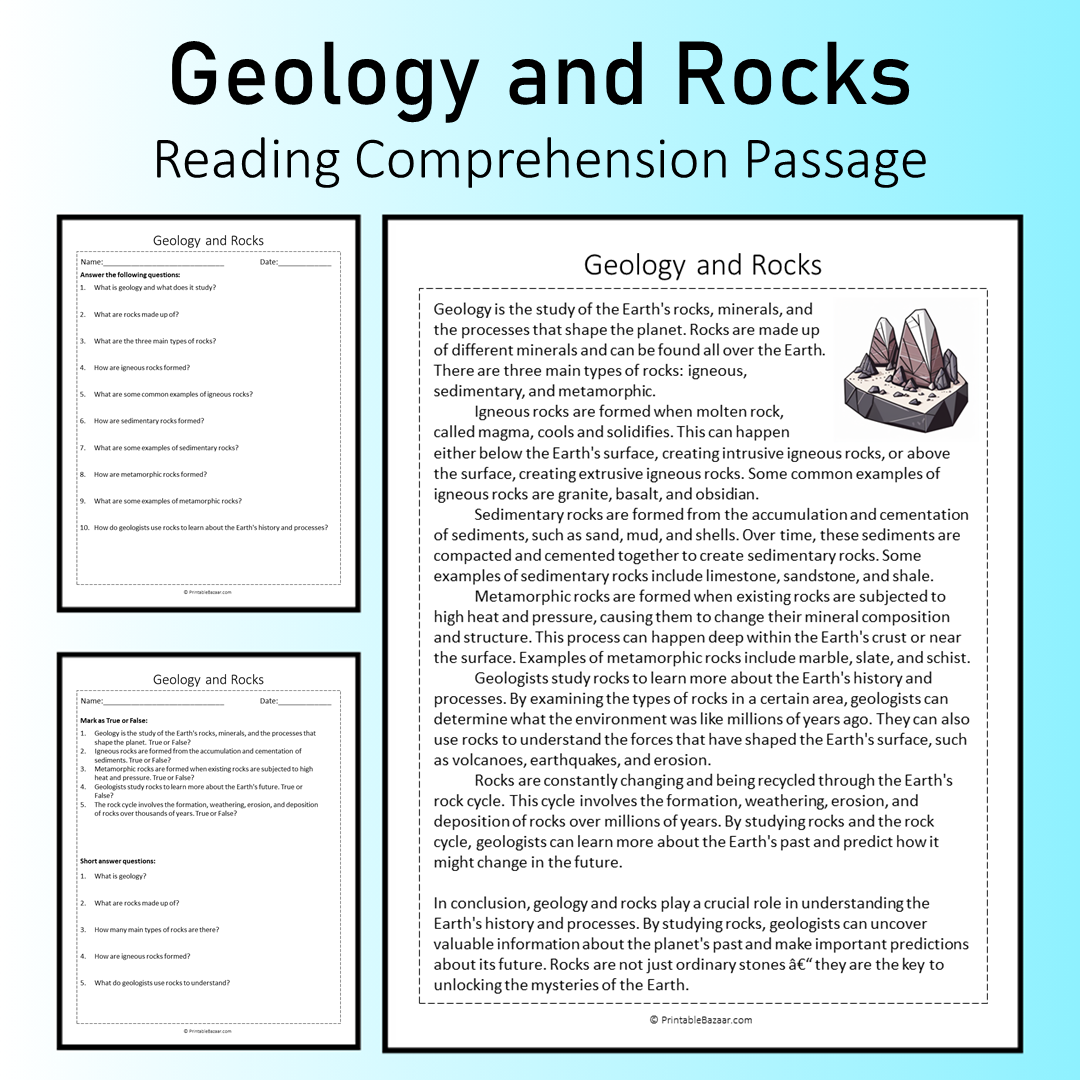Geology and Rocks | Reading Comprehension Passage Printable Worksheet