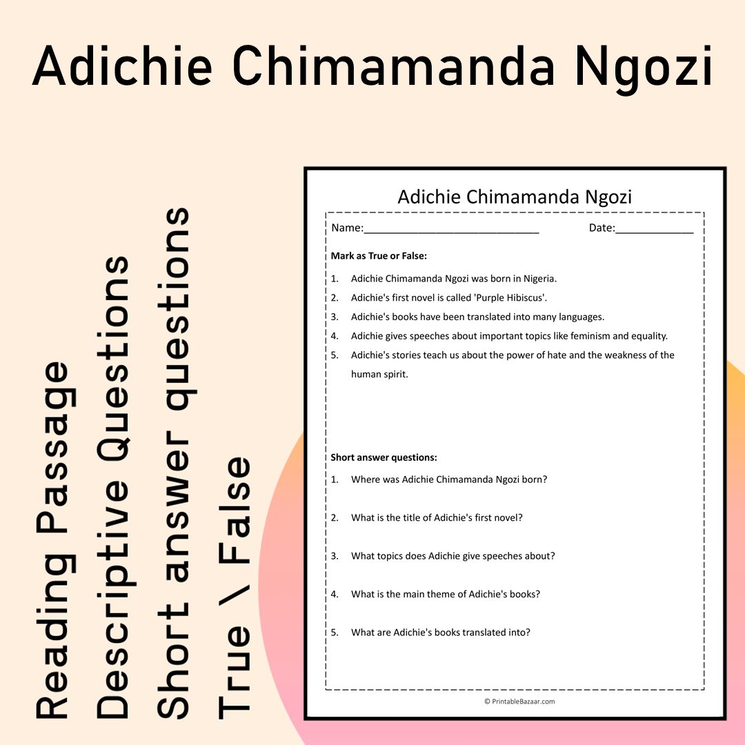 Adichie Chimamanda Ngozi | Reading Comprehension Passage Printable Activity