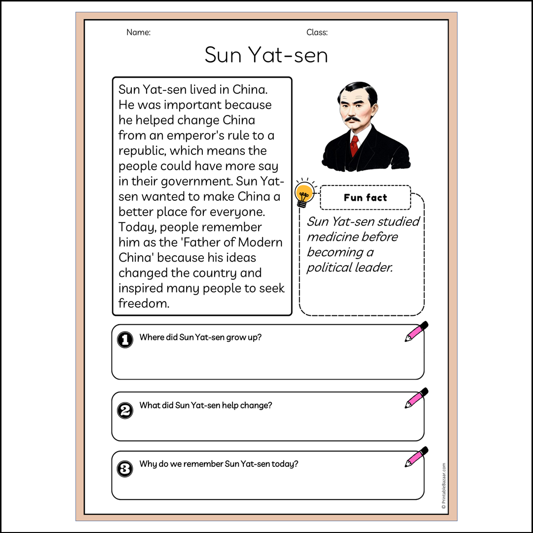 Sun Yat-sen | Reading Passage Comprehension Questions Writing Facts Worksheet