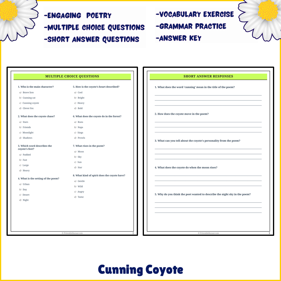 Cunning Coyote | Poem Grammar Worksheet Printable Activity