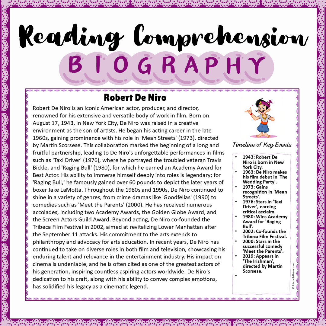 Robert De Niro | Biography Reading Comprehension and Questions Worksheet