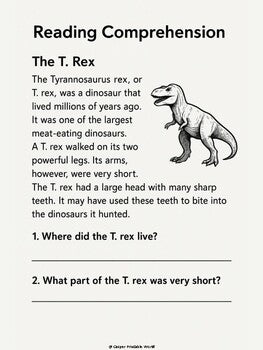 T. Rex – Dinosaur Reading Comprehension Worksheet