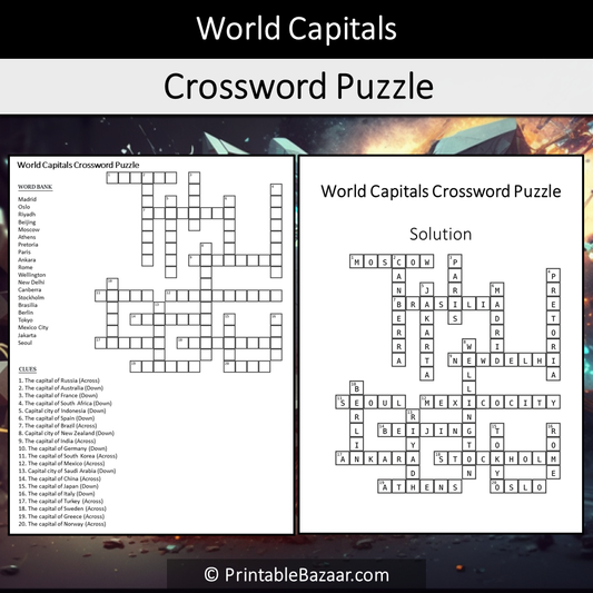 World Capitals Crossword Puzzle Worksheet Activity Printable PDF