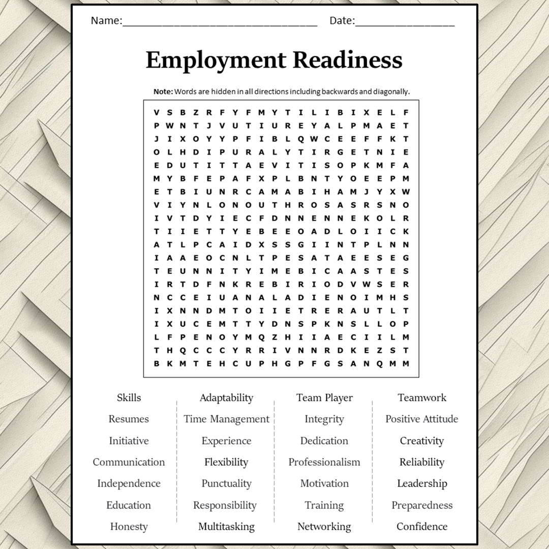 Employment Readiness Word Search Puzzle Worksheet Activity Pdf 