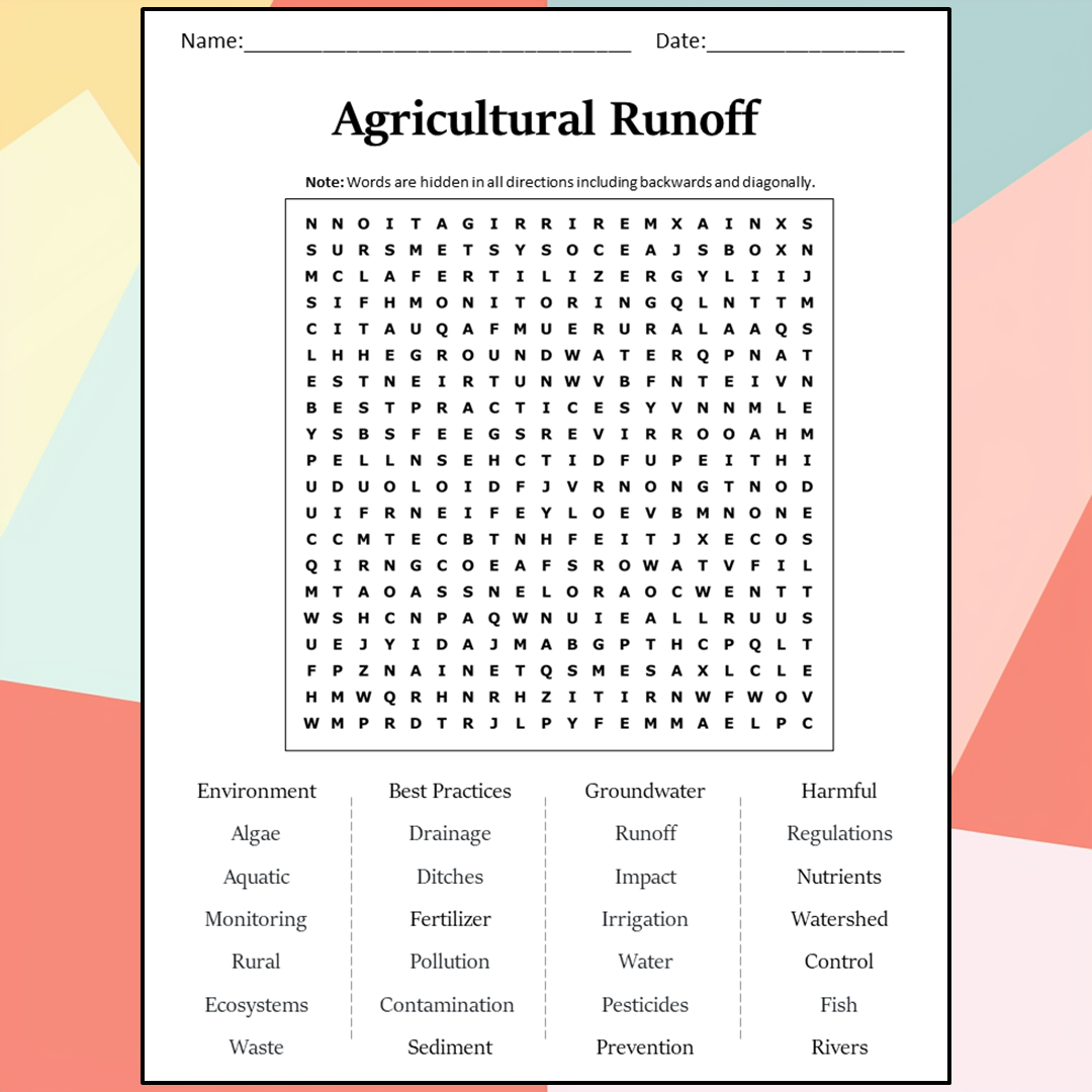 Agricultural Runoff Word Search Puzzle Worksheet Activity PDF
