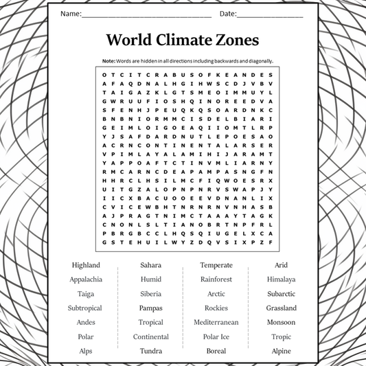 World Climate Zones Word Search Puzzle Worksheet Activity PDF