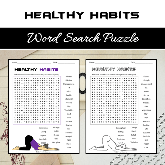 Healthy Habits Word Search Puzzle Worksheet PDF