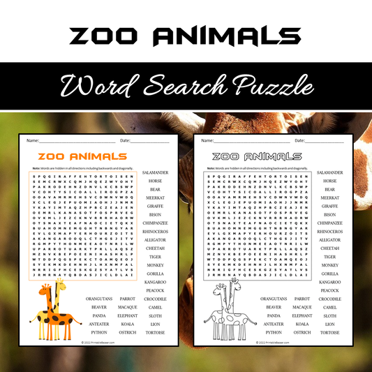Zoo Animals Word Search Puzzle Worksheet PDF