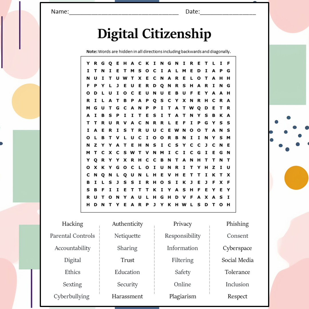 Digital Citizenship Word Search Puzzle Worksheet Activity PDF
