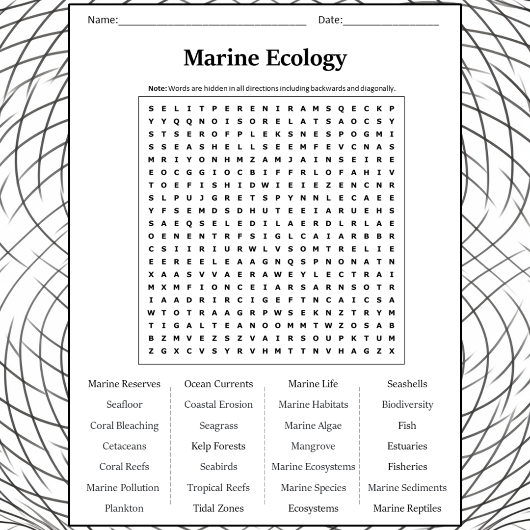 Marine Ecology Word Search Puzzle Worksheet Activity PDF